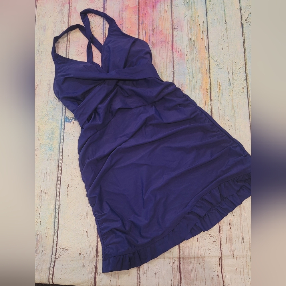 Blue swim dress with tie in back for adjustment